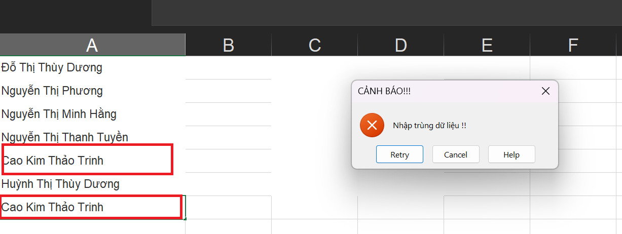 Cách tạo bảng cảnh báo khi nhập trùng dữ liệu Excel