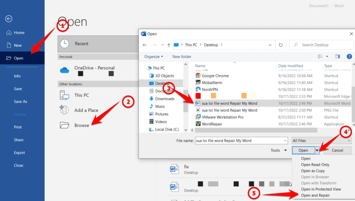 sua file word bi loi bang Open and Repair